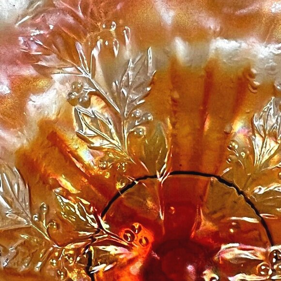 Footed Marigold Carnival Glass Footed Compote Holly & Berry 4" tall 4.75" wide - Picture 2 of 10